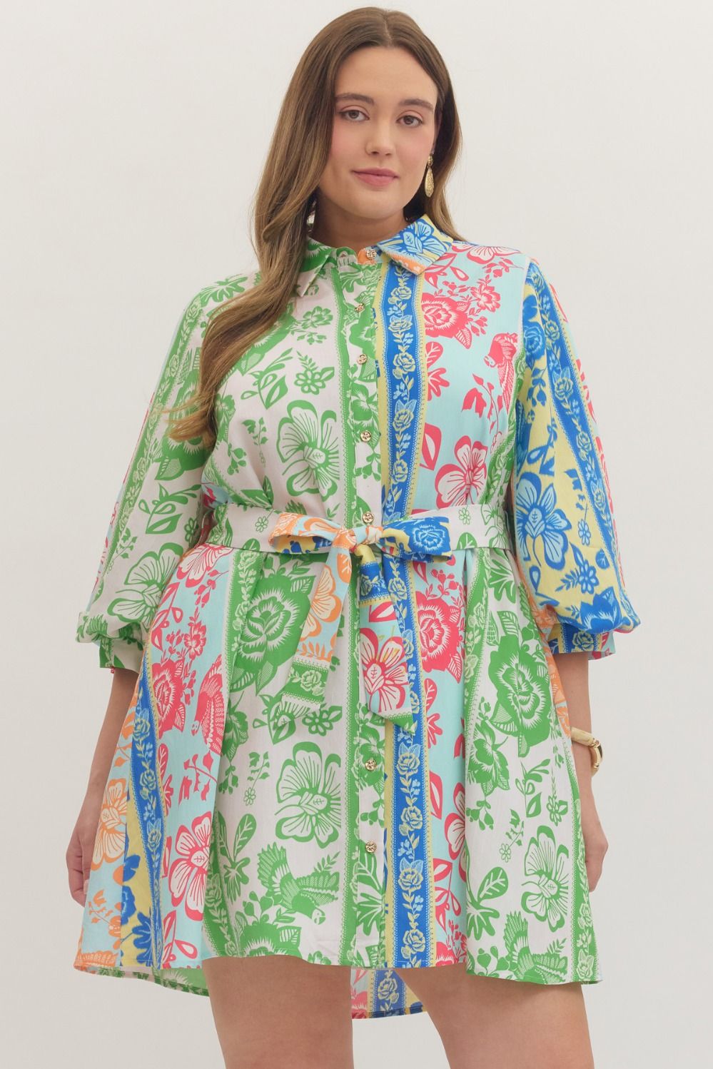 On Vacation Time Dress: plus size, botanical stripe print, green/blue/red/orange panels, 3/4 sleeves, matching belt. Sizes 1X-4X.