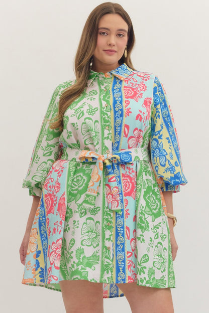 On Vacation Time Dress: plus size, botanical stripe print, green/blue/red/orange panels, 3/4 sleeves, matching belt. Sizes 1X-4X.
