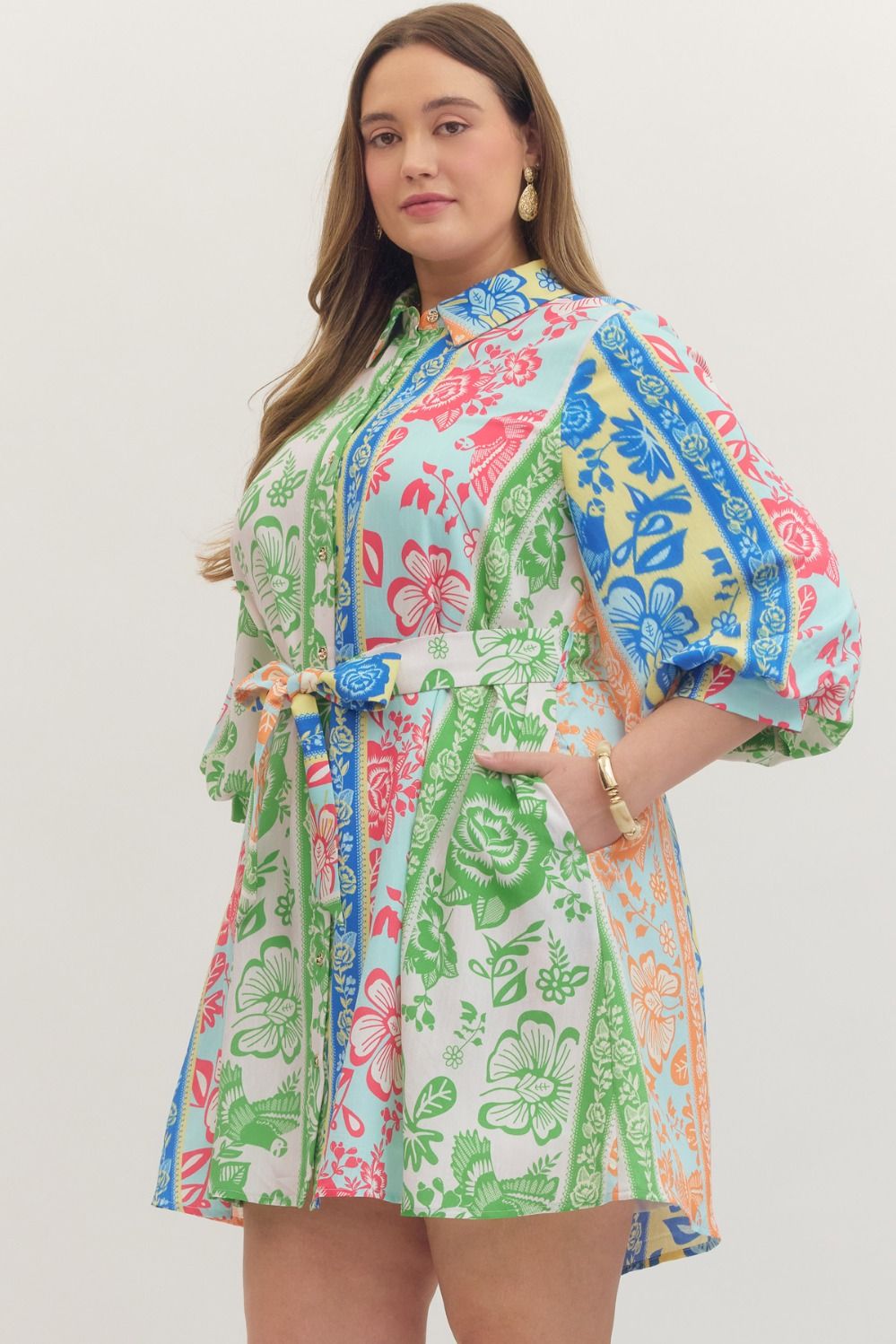 On Vacation Time Dress, plus sizes 1X-4X, features a vibrant botanical stripe print in colorful design.