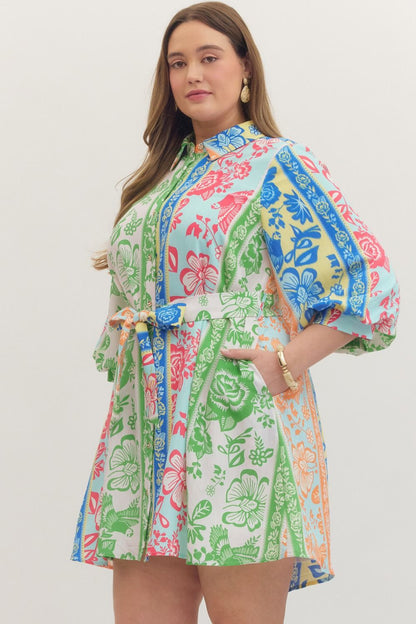 On Vacation Time Dress, plus sizes 1X-4X, features a vibrant botanical stripe print in colorful design.