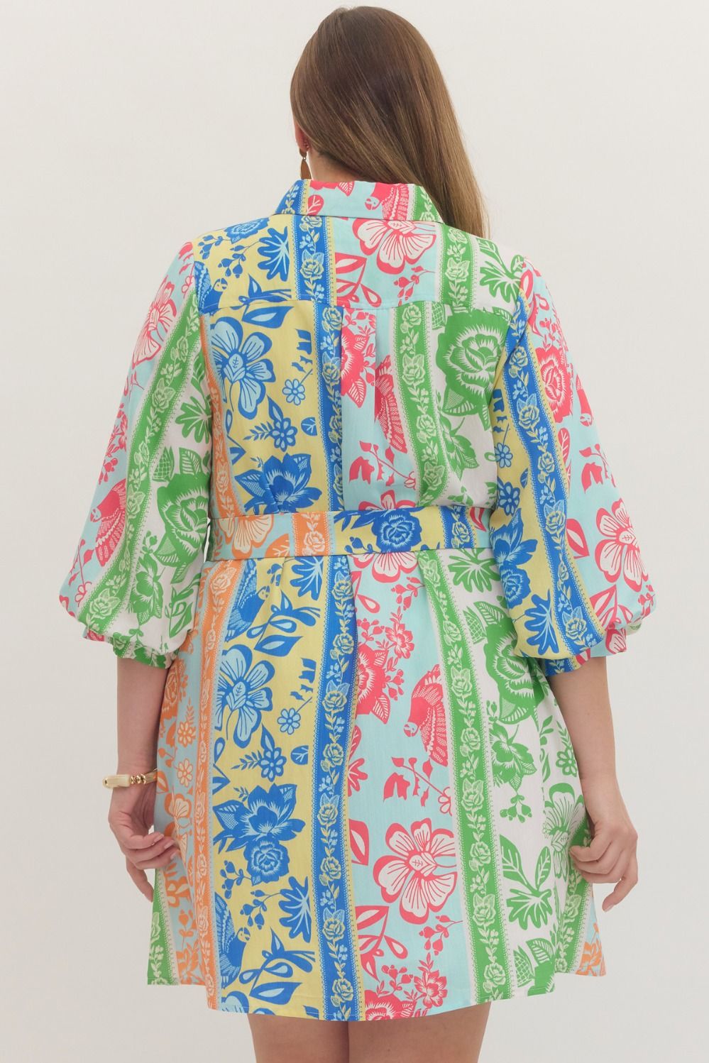 On Vacation Time Dress: plus-size, vibrant botanical stripe print with florals and birds. Available in sizes 1X-4X.