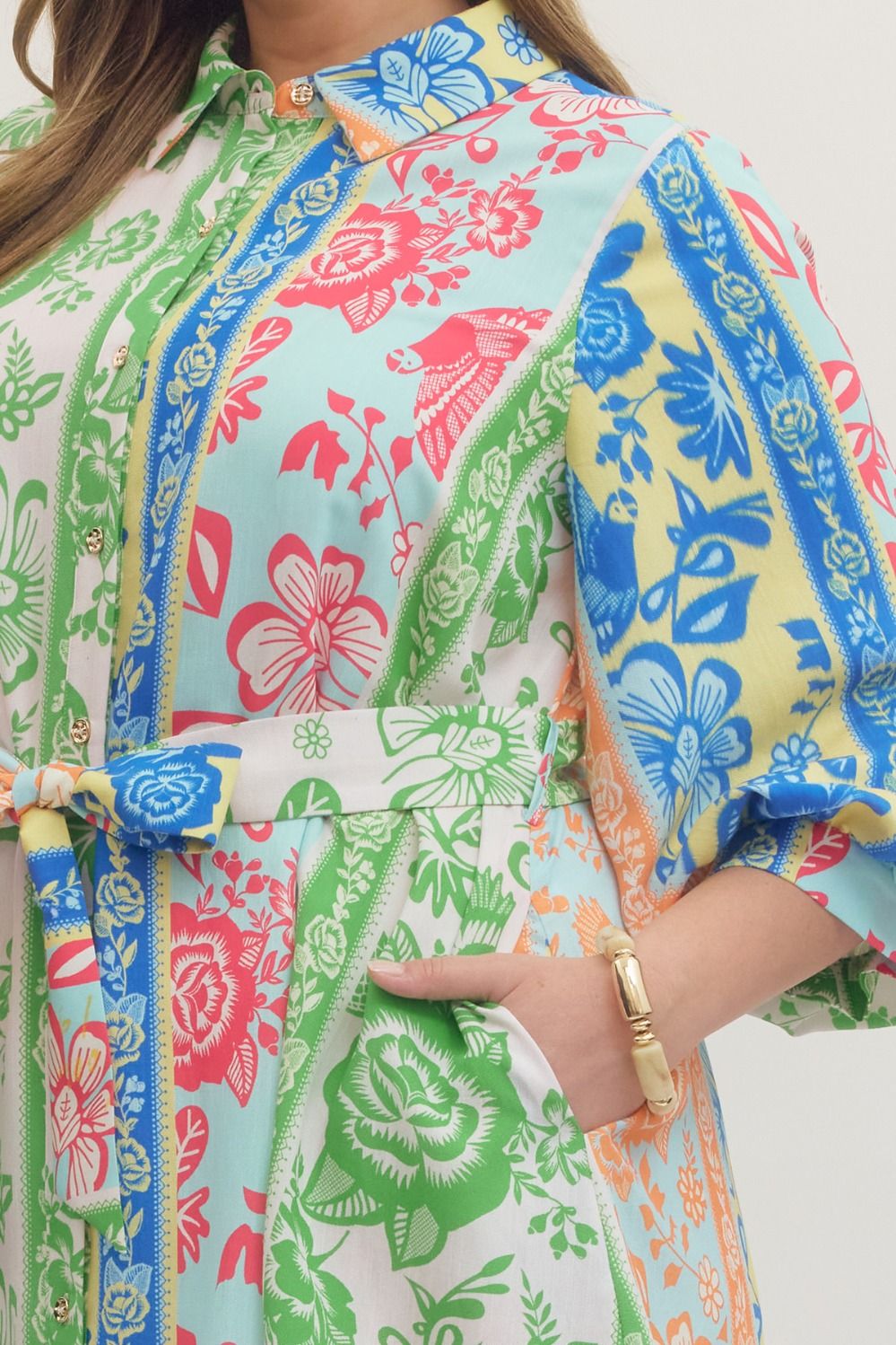 On Vacation Time Dress: Plus size, botanical stripe print, buttons, belted waist, rolled sleeves, pockets. Sizes 1X-4X.