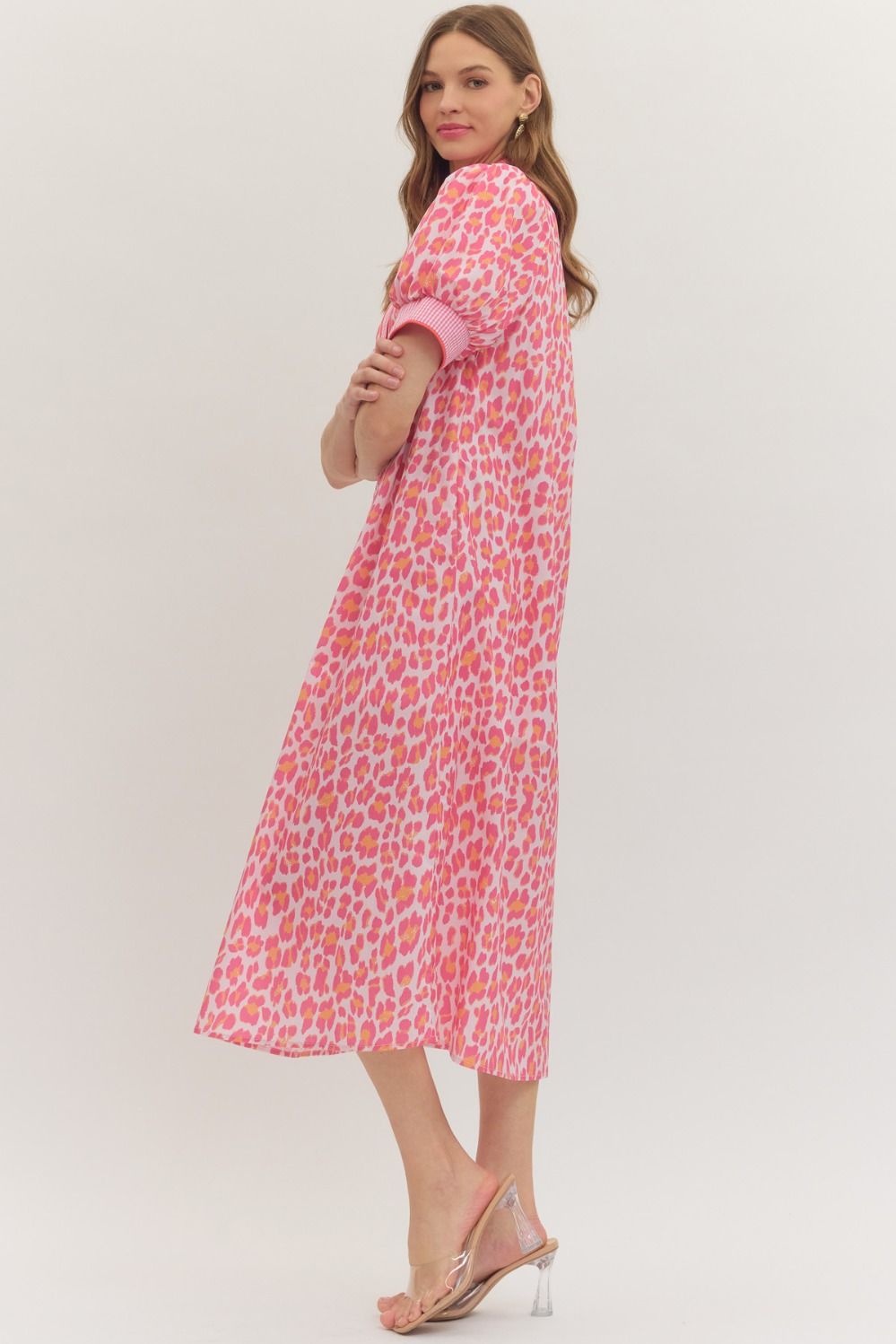 Pink Leopard Print Gingham Trim Midi Dress with puff sleeves. Available in sizes XS-XL.