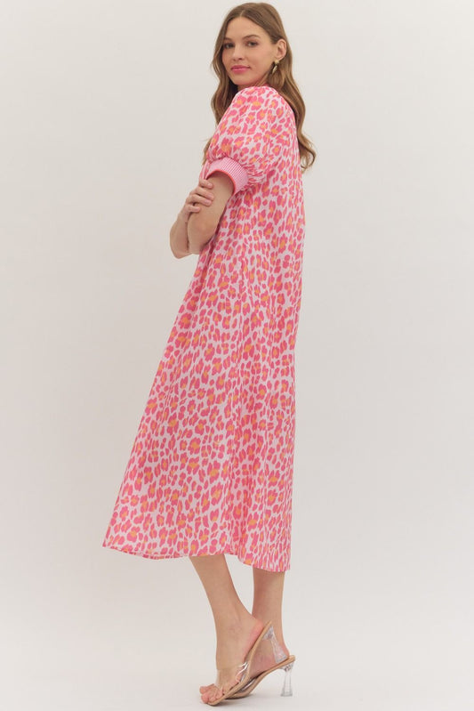 Pink Leopard Print Gingham Trim Midi Dress