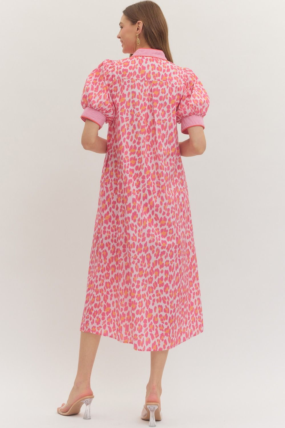 Pink Leopard Print Gingham Trim Midi Dress with puff sleeves, collared neckline, loose fit. Sizes: XS–XL.