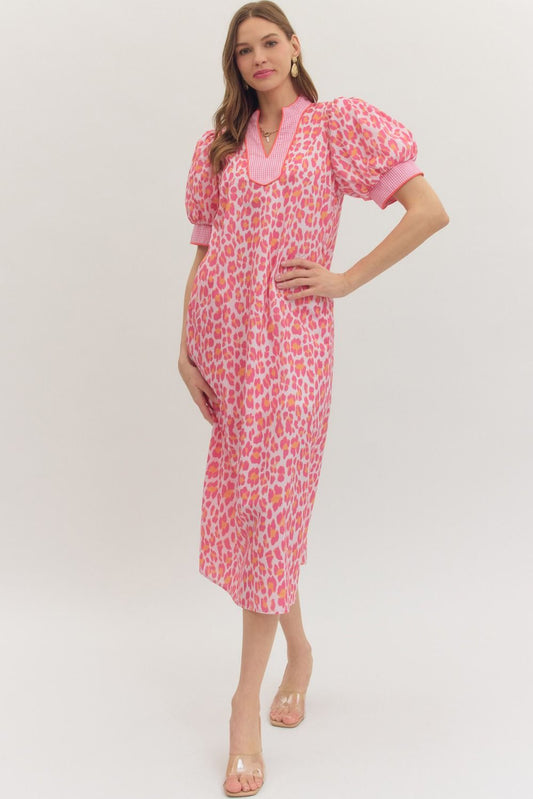 Pink Leopard Print Gingham Trim Midi Dress