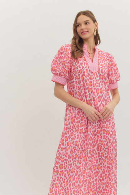 Pink Leopard Print Gingham Trim Midi Dress with puff sleeves and V-neckline. Available in sizes XS-XL.