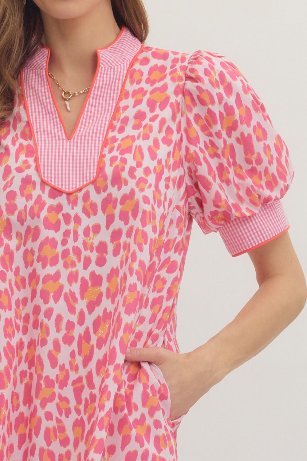 Pink Leopard Print Gingham Trim Midi Dress, available in sizes XS–XL.