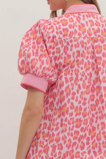 Pink Leopard Print Gingham Trim Midi Dress with puff sleeves, pink/orange/white print. Sizes: XS–XL.