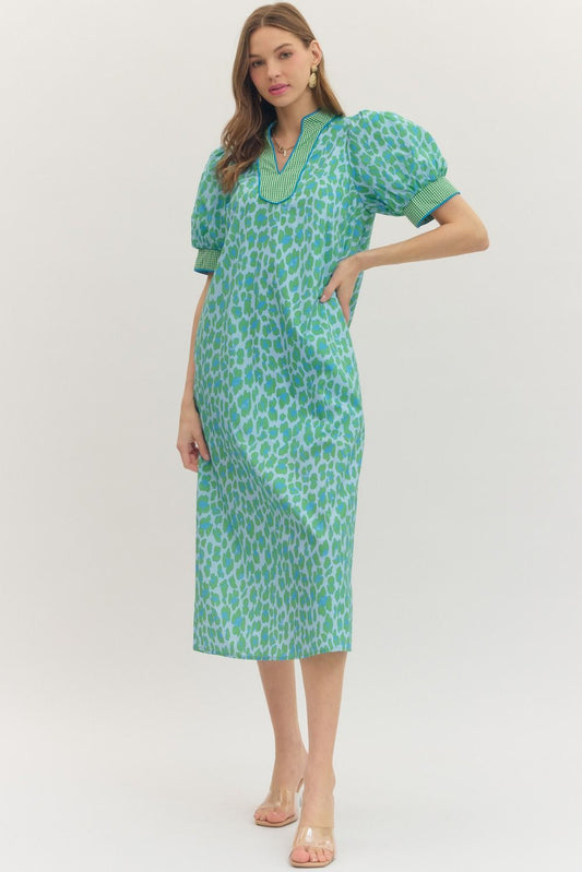 Leopard Print Gingham Trim Midi Dress