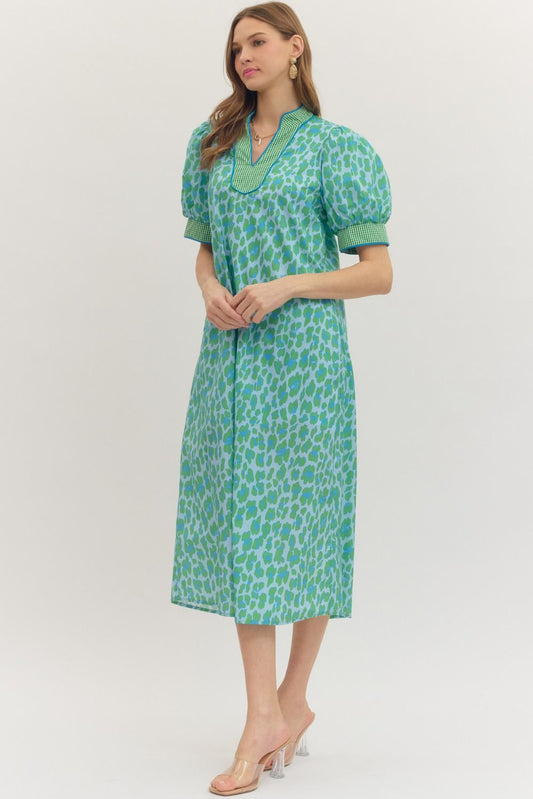 Leopard Print Gingham Trim Midi Dress