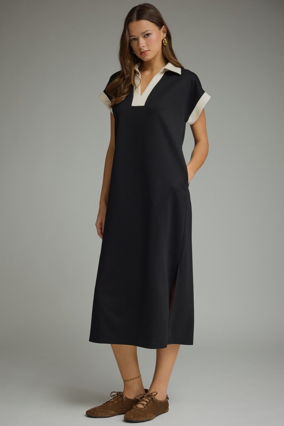 Sutton Contrast Midi Dress: black, collared v-neck, short sleeves, beige trim, front slit. Sizes XS-XL.