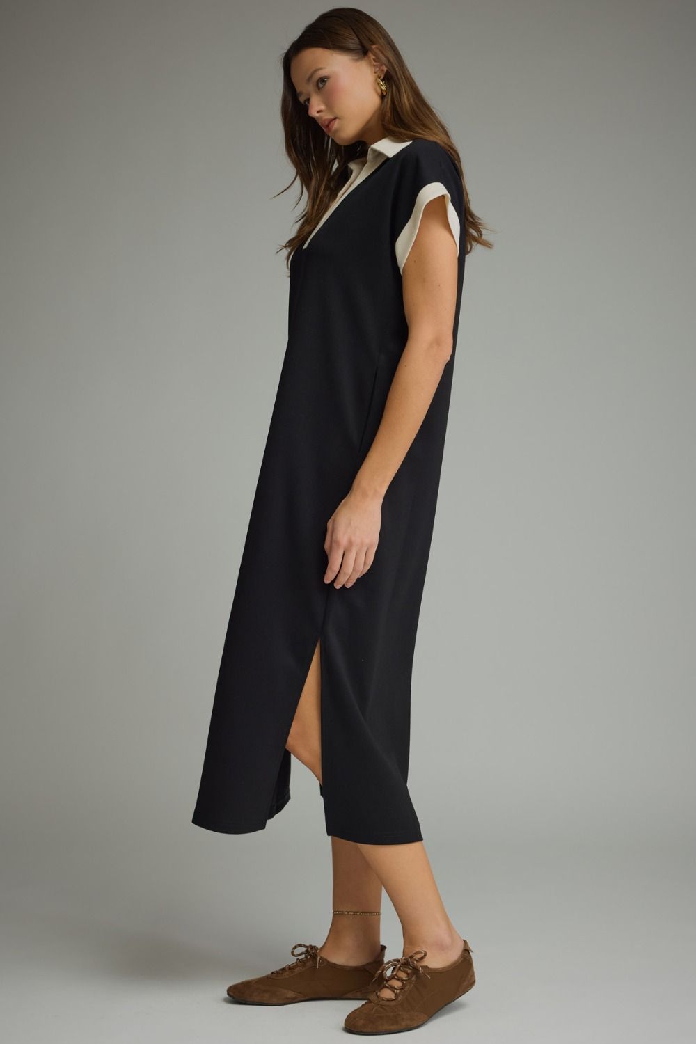 Sutton Contrast Midi Dress: black midi with white collared v-neckline. Available in XS-XL.