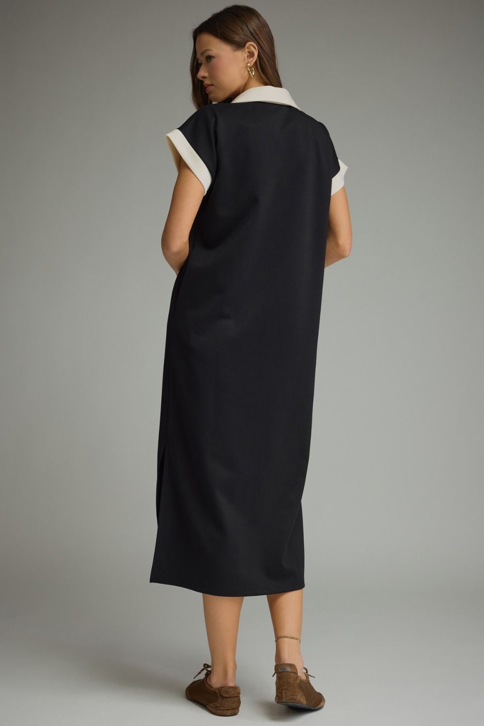 Sutton Contrast Midi Dress: loose black midi dress with a white collared v-neckline. Available in sizes XS-XL.