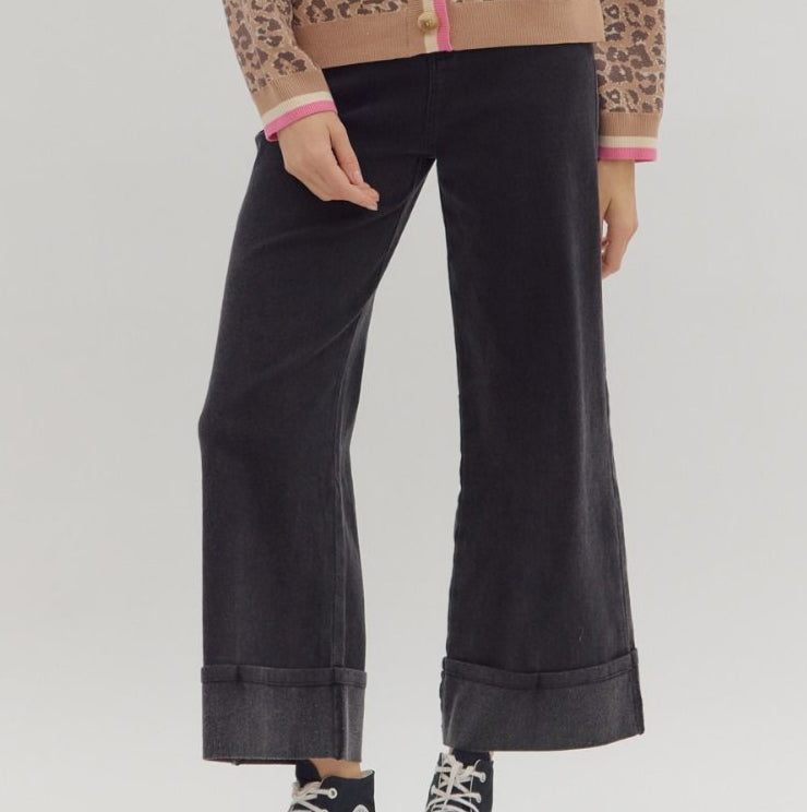 Black Wide Leg Cuff Denim Pants; available in sizes XS-XL.