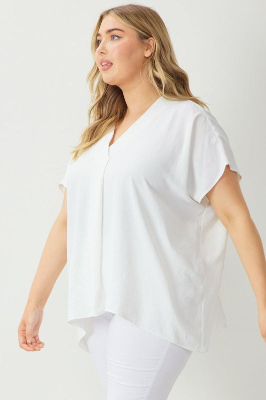 The product is a Maroon Solid V-Neck Short Sleeve Top. Sizes available range from small to large.