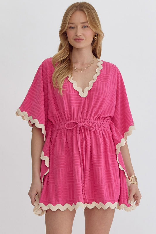 **Hot Pink Terry Cloth Ric Rac Top:** Bright pink, short-sleeve top with white ric rac trim on neckline, sleeves, and hem. Cinched waist with matching pink tie. Sizes available: S, M, L.