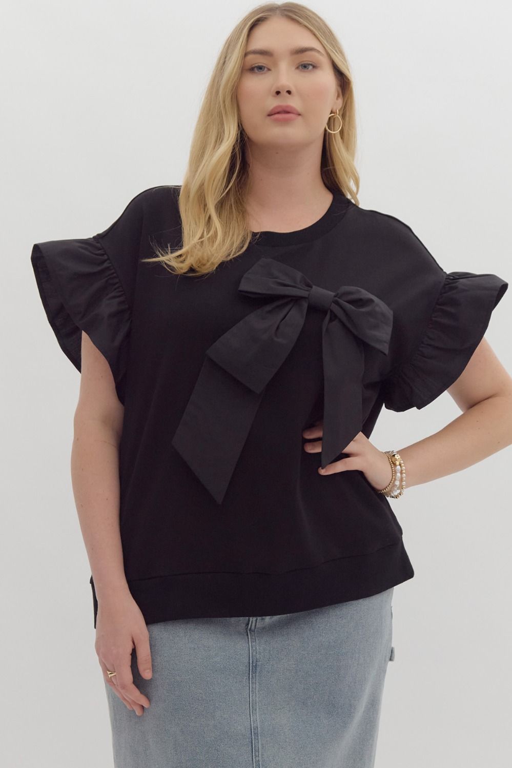 Black Ruffle Sleeve Ribbon Top: Features a ribbon bow on the chest. Available in sizes XS, S, M, L, XL.