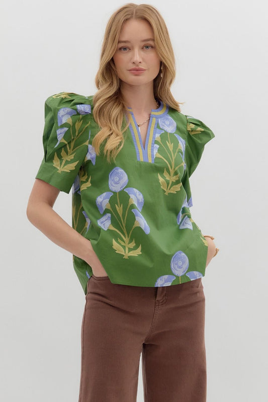 Mabel Blooming Day Top: green floral blouse with puffed sleeves, V-neckline. Available in XS-XL.