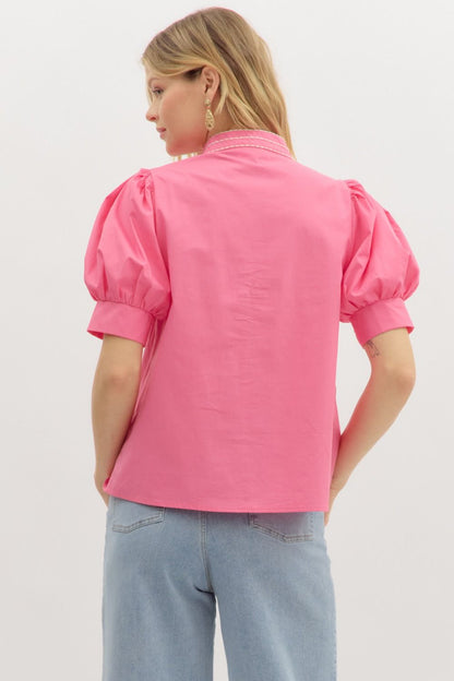 Garden Path Embroidered Top, bright pink with puffed sleeves. Available in sizes XS–XL.