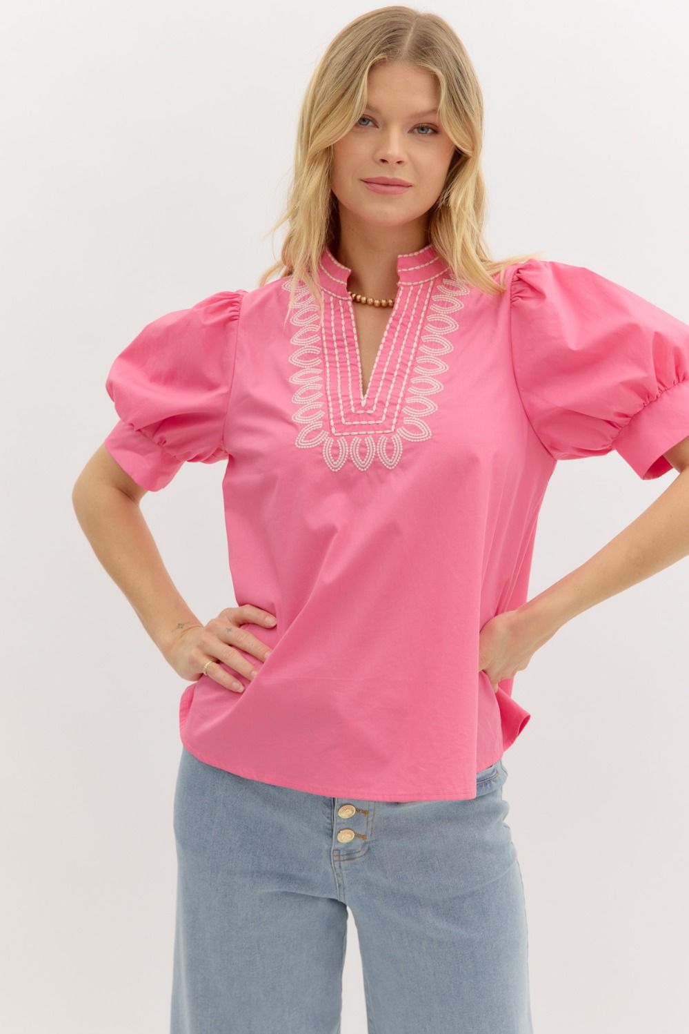 Garden Path Embroidered Top: bright pink, puffed sleeves, white embroidered collar. Available in sizes XS-XL.