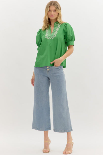 Garden Path Embroidered Top: bright green blouse with puffed sleeves and white embroidery. Available in sizes XS-XL.
