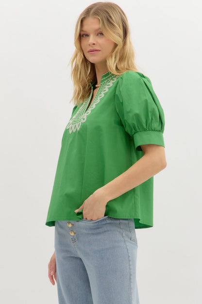 Garden Path Embroidered Top: green V-neck with white detailing. Available in XS-XL.
