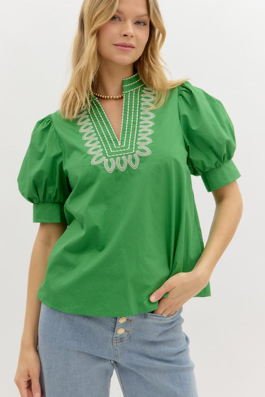 Garden Path Embroidered Top—green, puffed sleeves, V-neck embroidery. Available in sizes XS–XL.