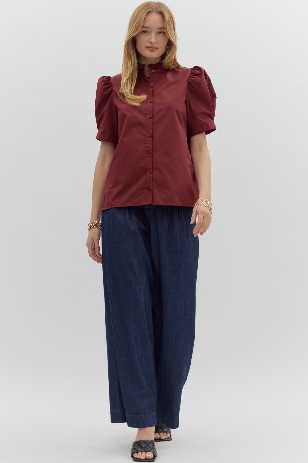 Burgundy Button-Up Bubble Sleeve Blouse; available in XS-XL.