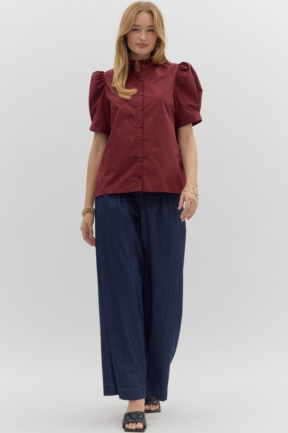 Burgundy Button Down Bubble Sleeve Blouse