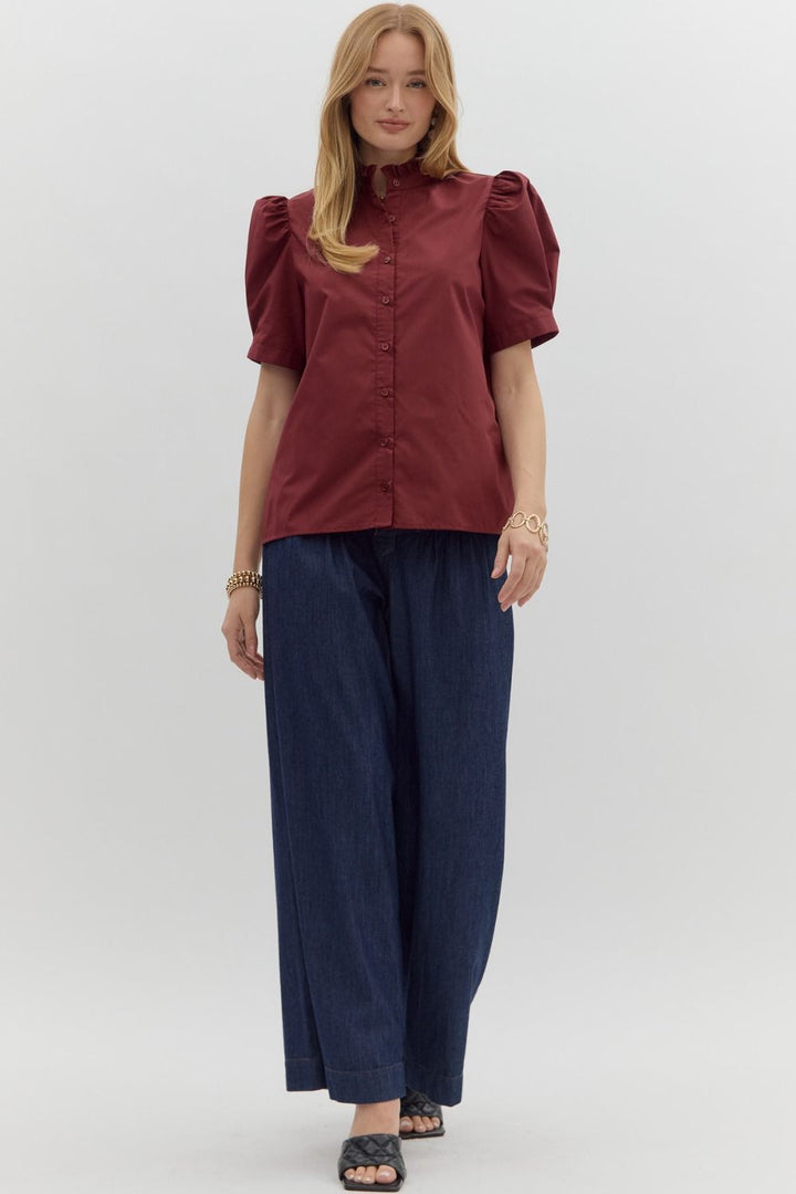 Burgundy Button-Up Bubble Sleeve Blouse; available in XS-XL.