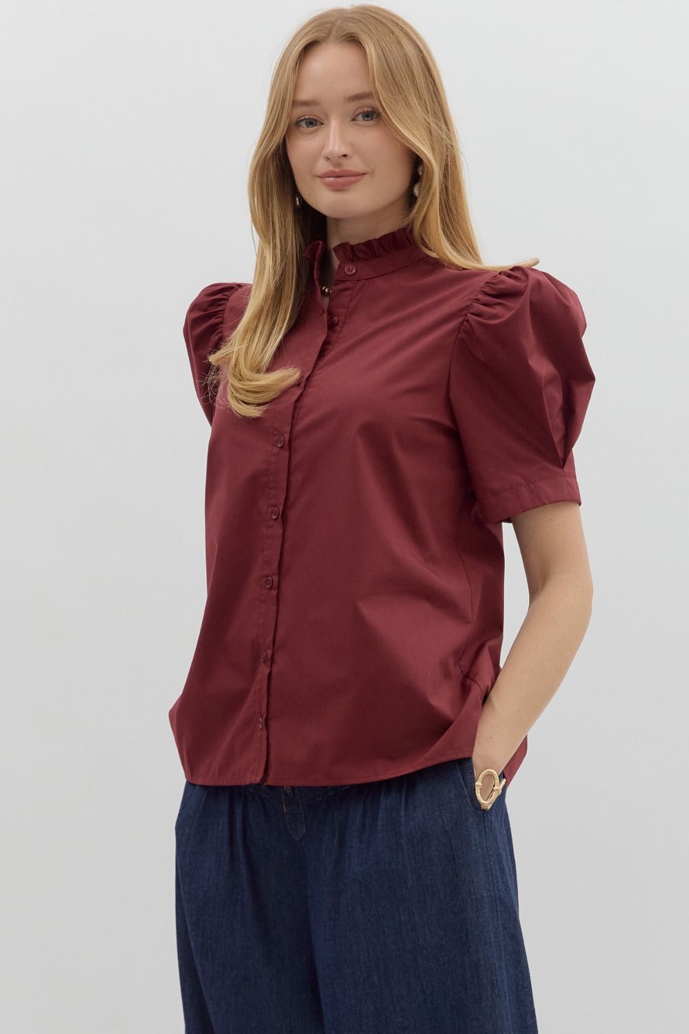 Burgundy button-up bubble sleeve blouse, available in sizes XS-XL.