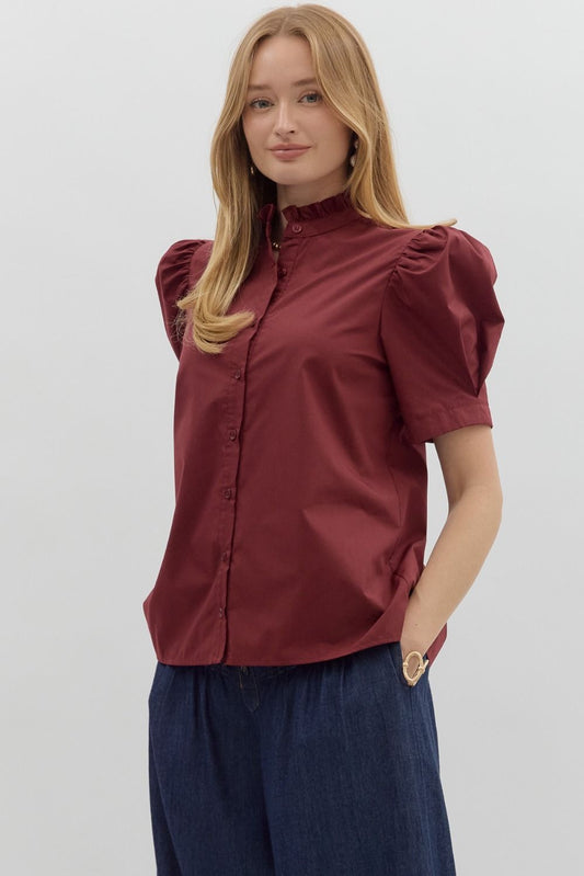 Burgundy Button Down Bubble Sleeve Blouse