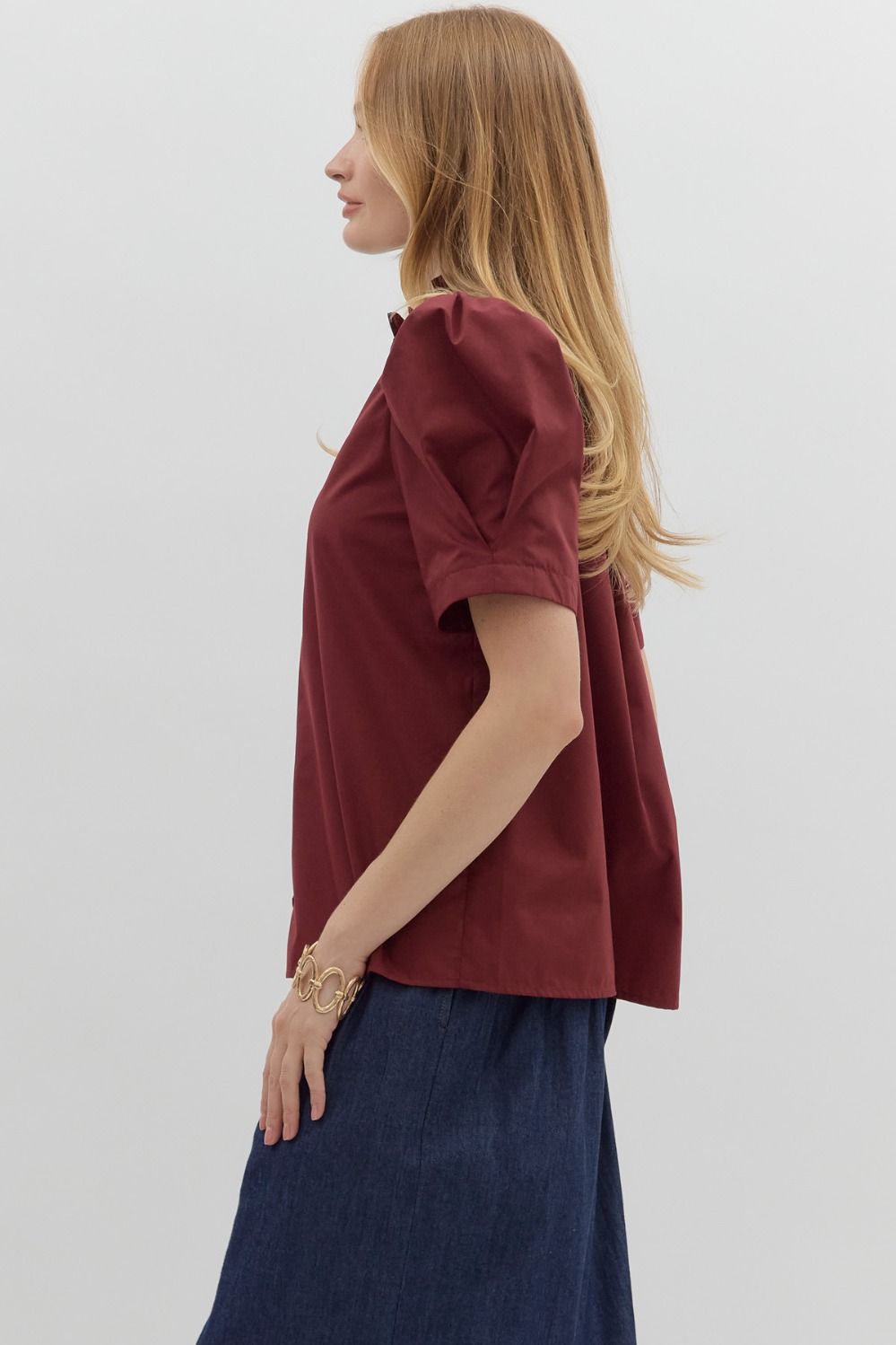Burgundy Button-Up Bubble Sleeve Blouse, available in sizes XS-XL.