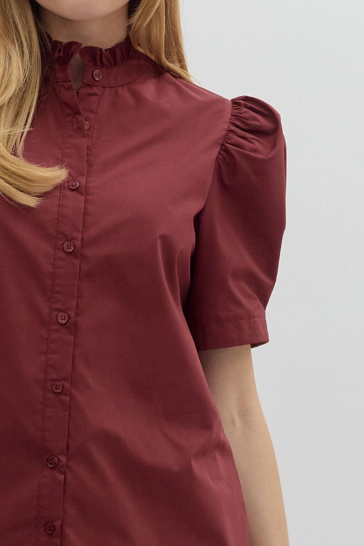 Burgundy button-up bubble sleeve blouse with ruffled collar, short puffed sleeves. Available in sizes XS-XL.