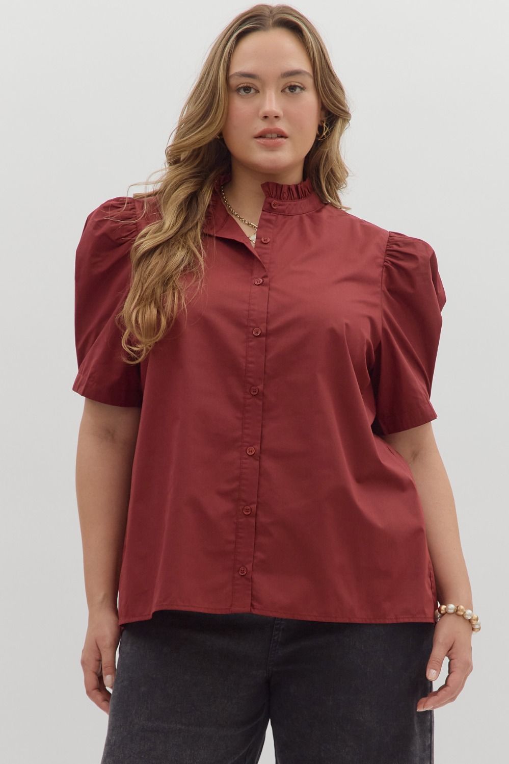 Burgundy Button-Up Bubble Sleeve Blouse, available in sizes XS-XL.