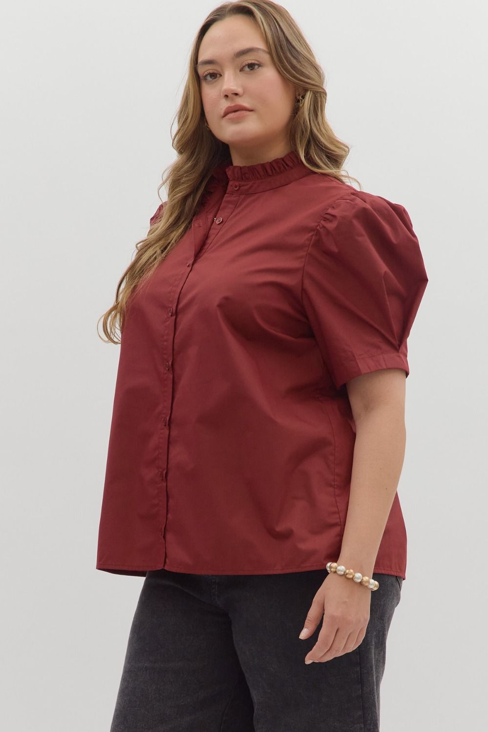 Burgundy Button-Up Bubble Sleeve Blouse; available in sizes XS-XL.