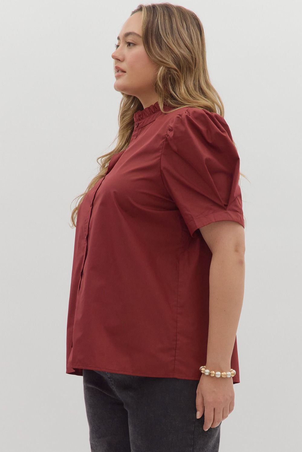 Burgundy Button-Up Bubble Sleeve Blouse with short bubble sleeves, high ruffled collar. Sizes: XS-XL.