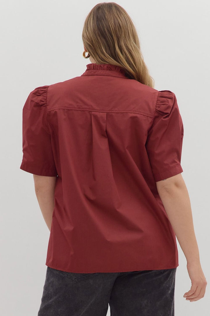 Burgundy Button-Up Bubble Sleeve Blouse; available in sizes XS–XL.