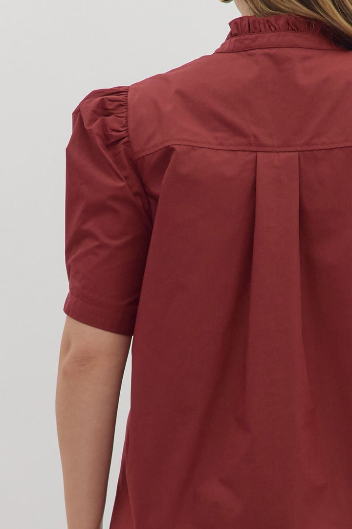 Burgundy Button-Up Bubble Sleeve Blouse with short bubble sleeves, gathered shoulders, back pleat; available in S-XL.