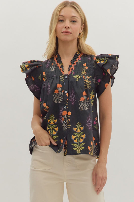 Delilah Botanical Print Flutter Sleeve Top