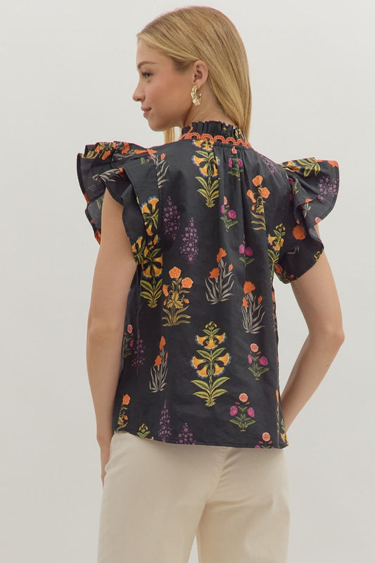 Delilah Botanical Print Flutter Sleeve Top