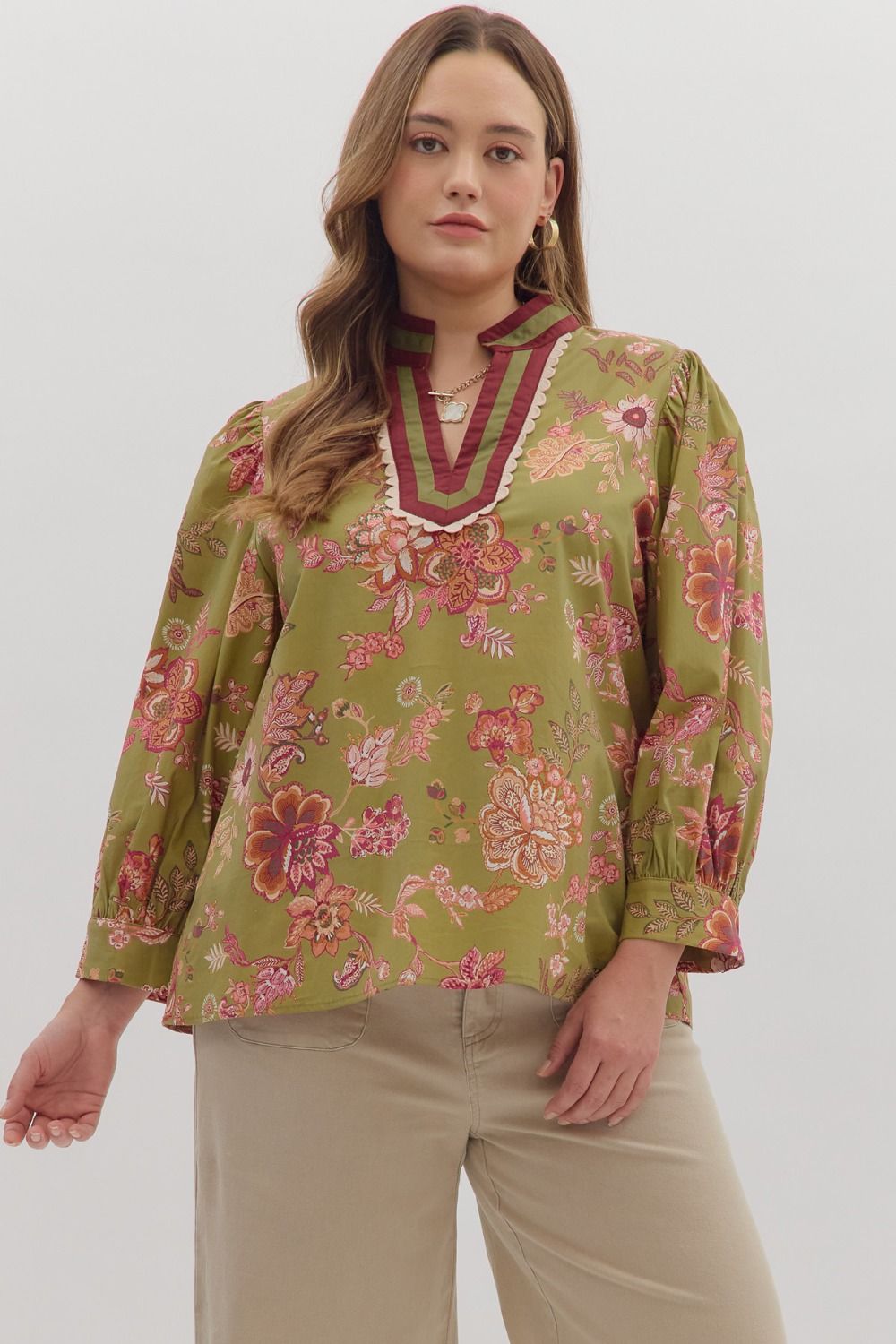 Olive Floral Long Puff Sleeve Blouse