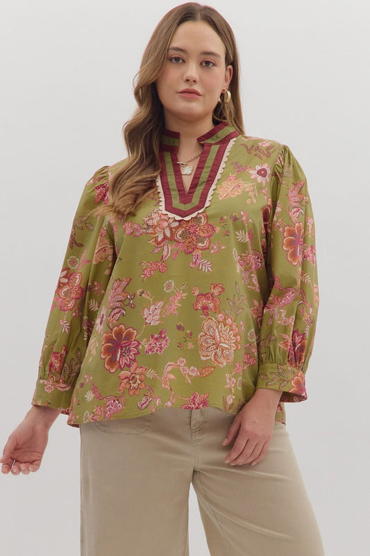 Olive Floral Long Puff Sleeve Blouse