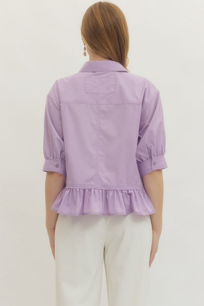 Lavender Ruffle Hem Button-Up Top with elbow-length sleeves. Available in sizes XS–XL.