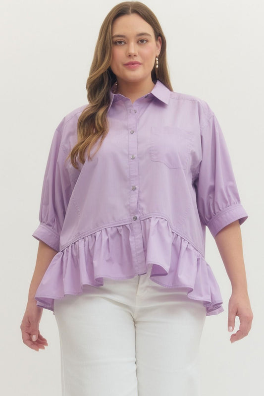 Lavender Ruffle Hem Button-Down Top