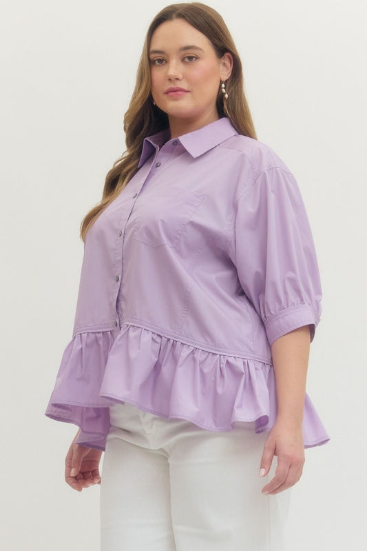 Lavender Ruffle Hem Button-Down Top