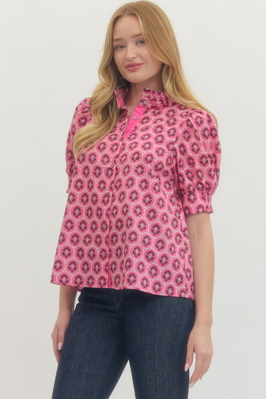 Pink Geometric Print Puff Sleeve Top