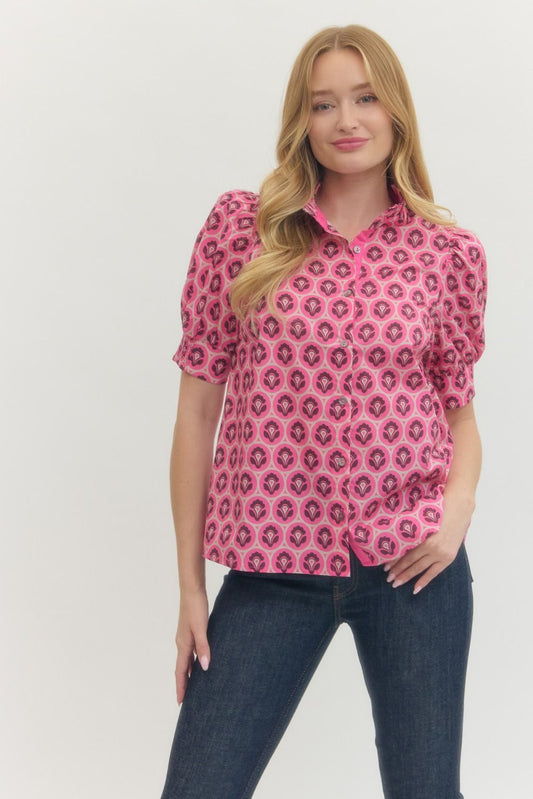 Pink Geometric Print Puff Sleeve Top