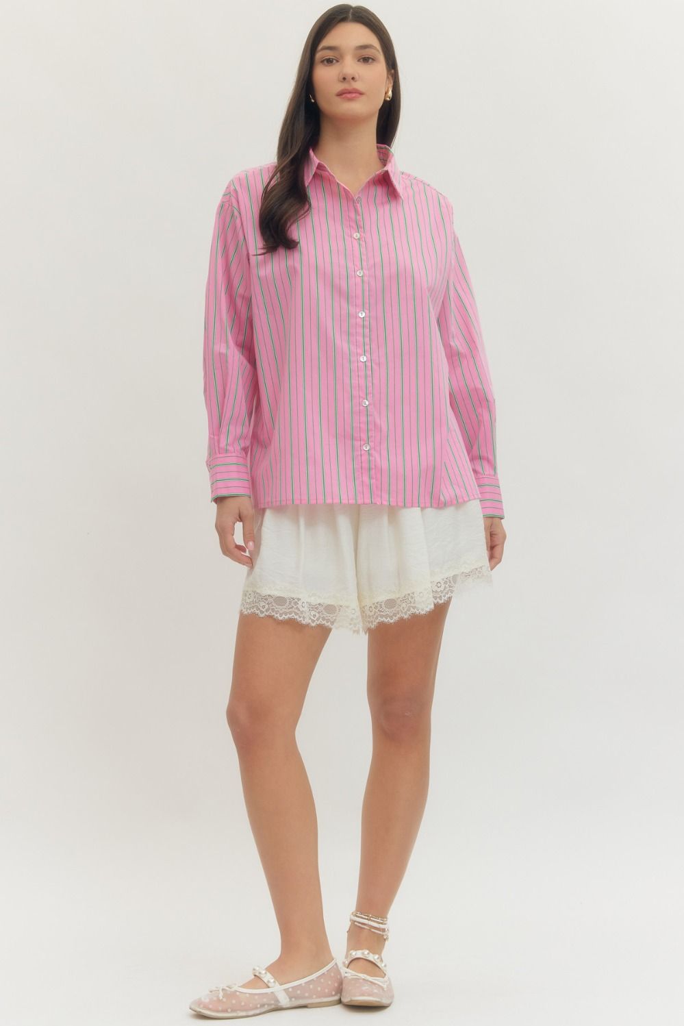 Pink and Green Striped Button-Up Blouse, available in sizes XS-XL.